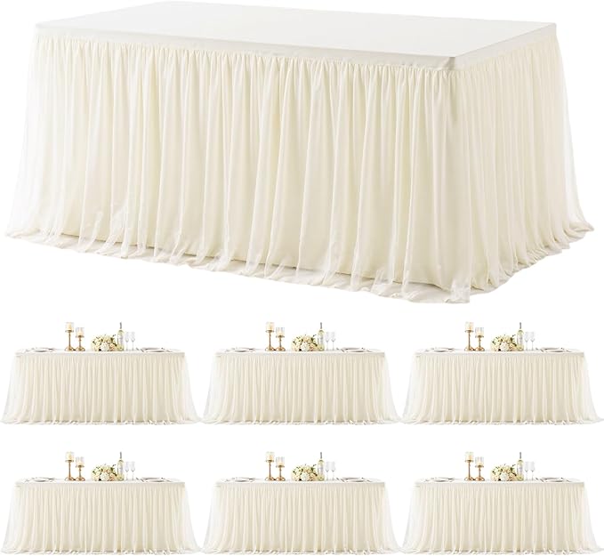 6 Pack 8ft Ivory Tulle Tablecloths for Rectangle Tables 8 Foot Ivory Rectangular Table Cloth Wrinkle Free Table Cover with Tutu Skirt for Wedding Baby Shower Birthday Party Banquet Buffet Cake