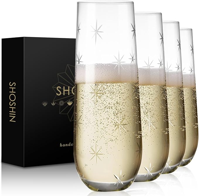 SHOSHIN Stemless Champagne Flutes - Elegant Hand-Cut Crystal Glasses