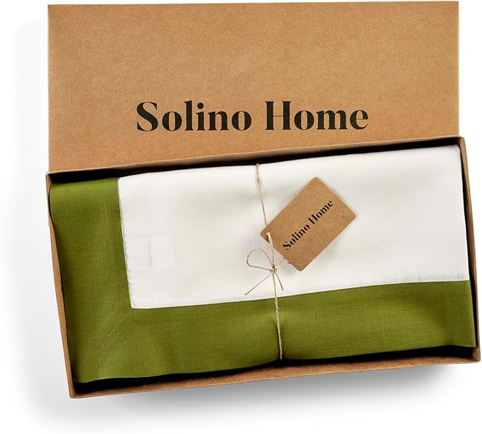 Solino Home Linen Square Tablecloth 52 x 52 Inch - 100% Pure Linen Avocado and White Table Throw - Contempo, Machine Washable Table Cloth for Winter, Spring, St Patricks Day