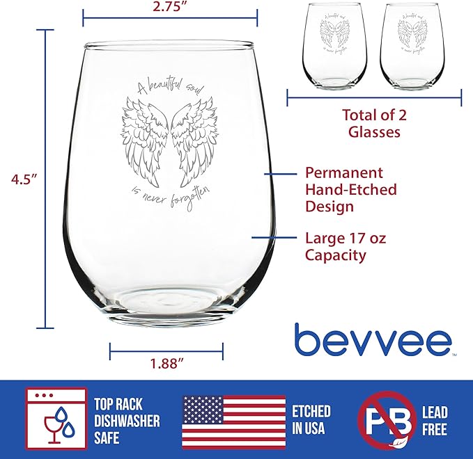 Bevvee Beautiful Soul is Never Forgotten - Stemless Wine Glass Gift - Sympathy Memorial Gifts for Bereavement Loss - Set of 2 - Large 17 Ounce