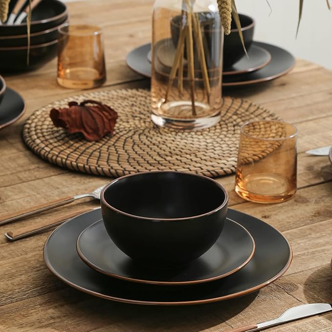 Stone Lain Brasa Stoneware 16 Piece Modern Dinnerware Set, Plates and Bowls, Service for 4, Black, Microwave & Dishwasher Safe