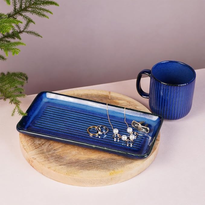 Ceramic Coffee Mugs with Handle Set – 2-Piece 11 Oz Ceramic Coffee Cups & 9" Tray, Handmade Midnight Blue Color, Microwave Safe Gift Set for Tea Lovers, Home Kitchen Décor