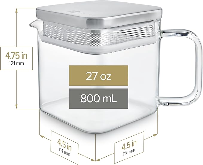 Teabloom Stackable Cube Glass Teapot for All Types of Teas – 27 oz (800mL) – Heat-Resistant Borosilicate Glass, Stainless Steel Filter Lid, Space-Saving Stackable Design