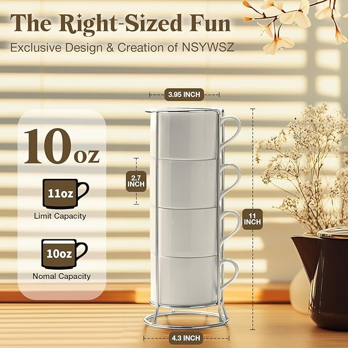 10 Ounce White Porcelain Stackable Cappuccino Cups with Stainless Steel Holder, Set of 4, Durable Ceramic, Perfect for Home, Office, or Gift