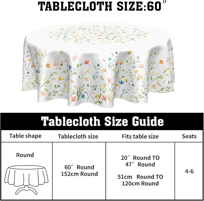Spring Watercolor Floral Round Tablecloth 60 Inch Summer Wild Flower Polyester Table Cloth Easter Rustic Farmhouse Table Cover Decoration for Kitchen Dinner Party