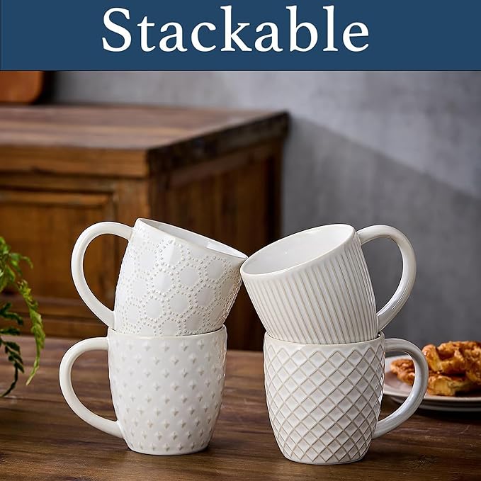 14oz Embossed Ceramic Coffee Cups - Set of 4, Lead-Free Microwave & Dishwasher Safe Coffee Mugs for Home Office Café Tea Cocoa