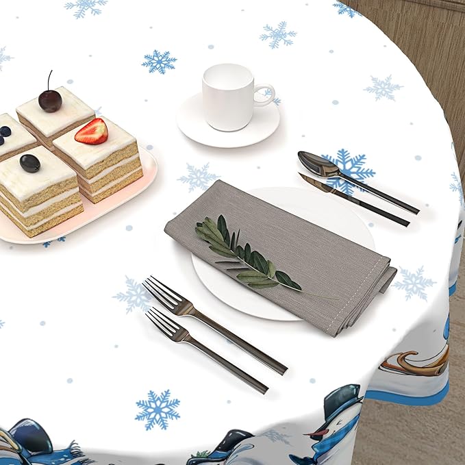 Winter Snowman Tablecloth Round 70 Inch Blue and White Christmas Snowman Snowflake Snow Circle Table Cloth Xmas Holiday Table Cover for Kitchen Dinner Home Decor