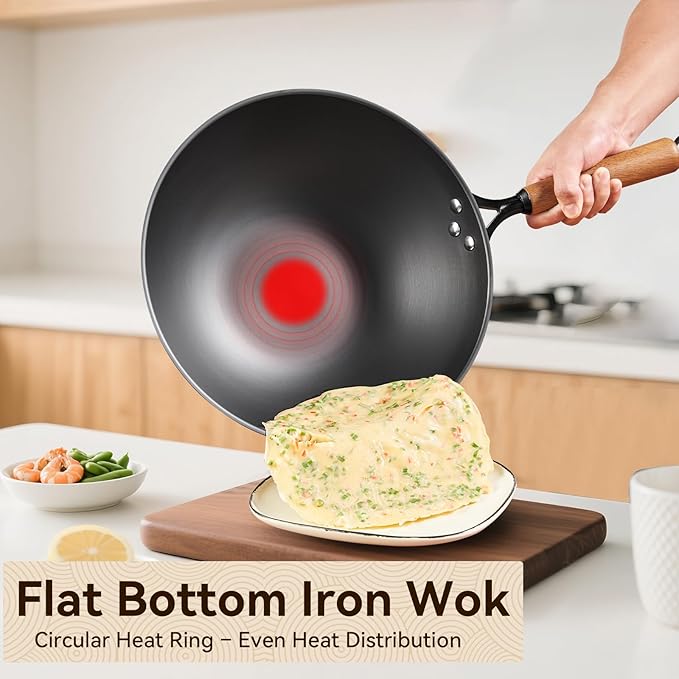 12.6" Carbon Steel Wok, Spun Iron Stir Fry Wok with Wooden Handle, Flat Bottom Wok Pan with Reinforced Rim, Lightweight Woks & Stir-Fry Pans for Everyday Cooking
