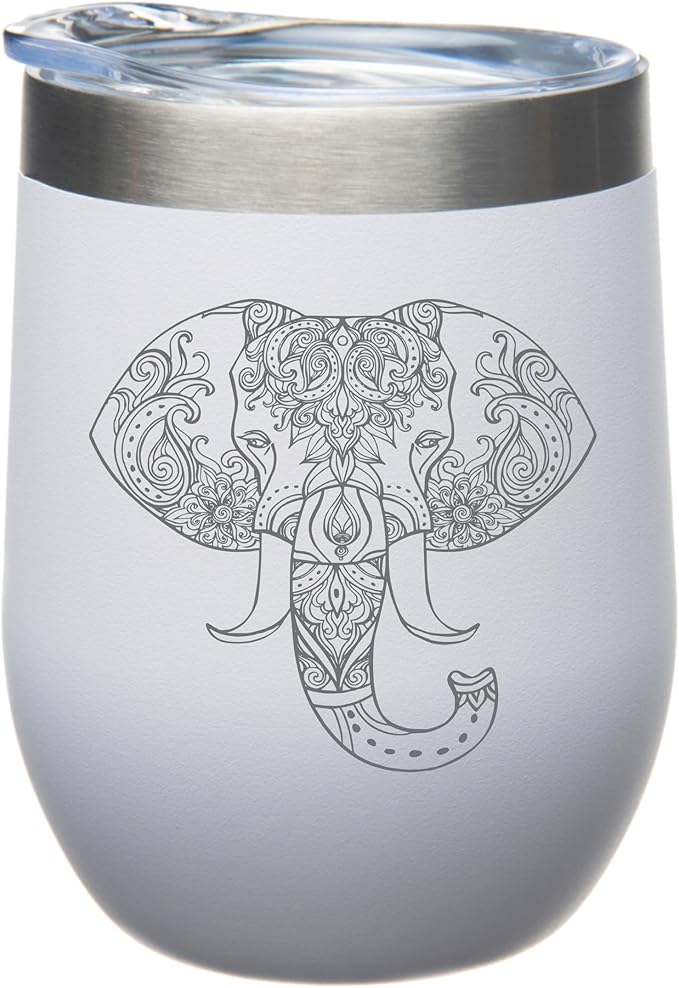 CM 12 oz Double Insulated Wine Tumbler with Lid - Elephant Engraved Stemless Wine Glass from Stainless Steel with White Powder Coating for Men & Women - White