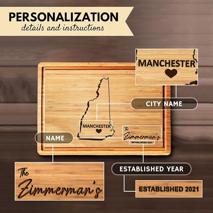 State Shaped Cutting Board New Hampshire - Personalized Destination NH Gifts, Housewarming Gifts, Custom Bamboo Home Decor