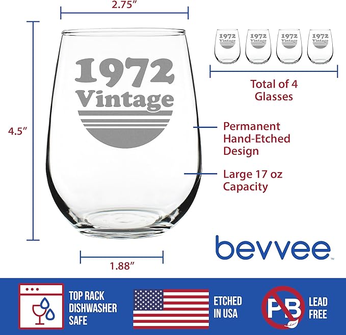Bevvee Vintage 1972 Stemless Wine Glass - 54th Birthday Gifts for Women & Men Turning 54 - Bday Party Decor - Set of 4 - Large 17 oz