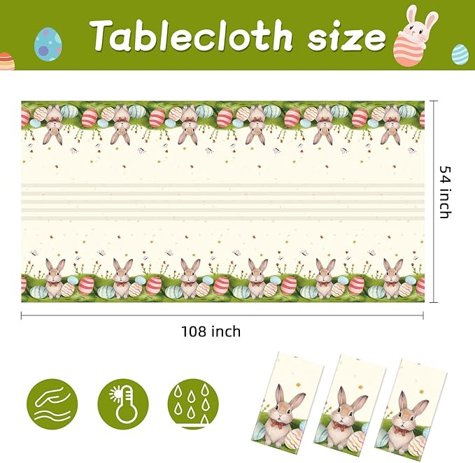 Easter Tablecloth Decorations for Party,3 Pack Disposable Plastic Tablecloth 54"x108" Easter Bunny Table Cloths for Party Supplies,Holiday Table Cover for Home Picnic Outdoor Dinner Dining Decoration