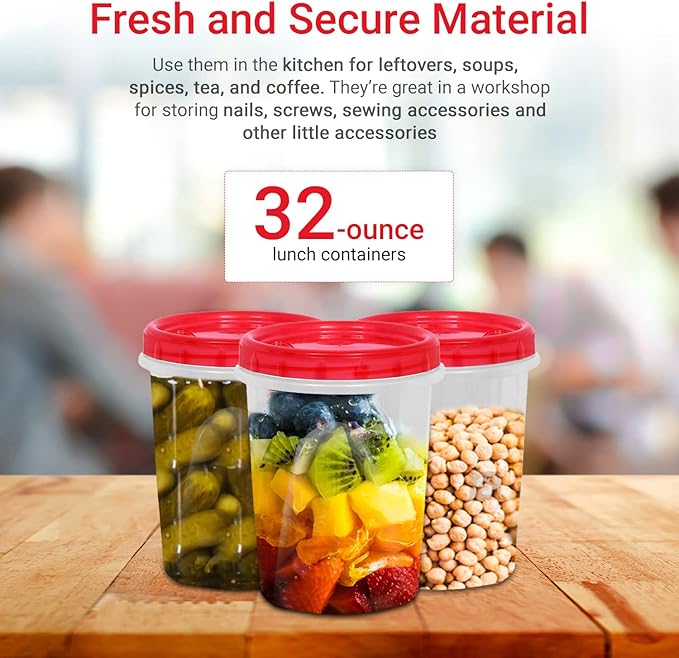 [Red - 12 Pk] Airtight Deli Containers with Lids Twist Lock Top Clear Food Storage for Meal Prep Snacks and Leftovers Freezer and Microwave Safe Stackable Leak-Resistant and 12 Pc. Set (32 Ounce)