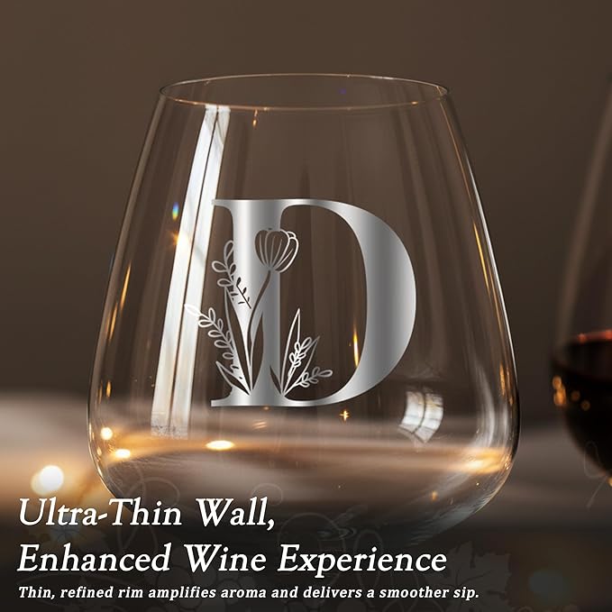 Personalized Crystal Wine Glasses for Women Adult Her Sister Mom Aunt Friend Best ship Grandma Bestie Wife Daughter in Law Lady Birthday Cute Aesthetic Custom Initial Gift Alphabet Present,D