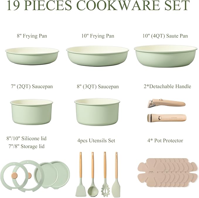 CAROTE Pots and Pans Set, Nonstick Cookware Set Detachable Handle, 19pcs Induction Kitchen Cookware Sets Non Stick with Removable Handle, RV Cookware Set, Oven Safe, Sage Green