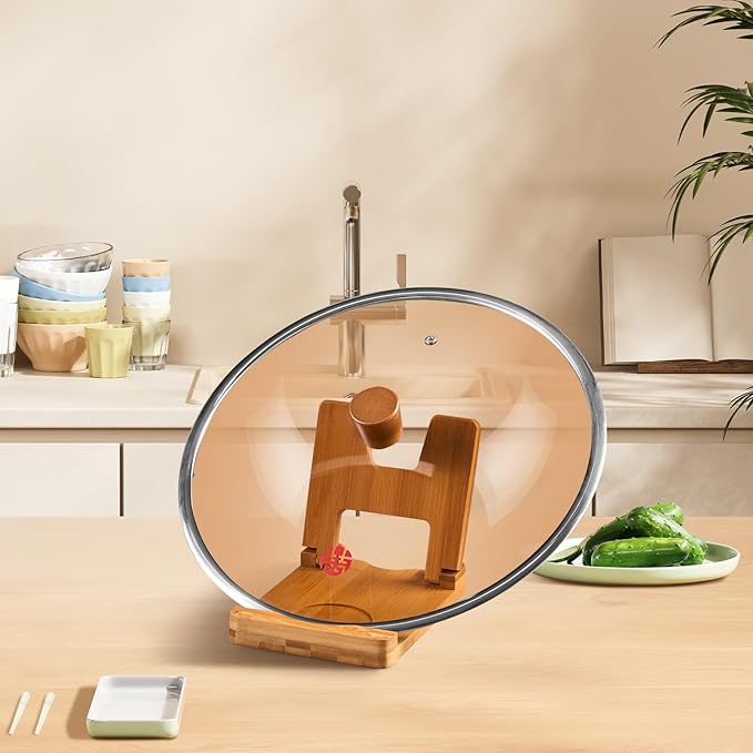 Glass Lid, Wok Lid with Wooden Cover Post Suitable for 14.2 Inch Wok