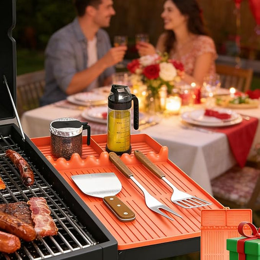 Valentines Day Gifts for Him - Silicone Griddle Tool Mat Compatible with Blackstone Weber - Flat Top Grill Pellet Smoker Side Shelf Spatula Mat with Drip Pad - BBQ Grilling Accessories (Orange)