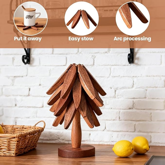 Wooden Trivets for Hot Dishes,Natural Tree Trivet Set,Foldable Wooden Trivet,Black Walnut Wooden Tree Coaster Set for Hot Dish/Pot/Bowl/teapot/hot Pot Set(4 Piece-Walnut)