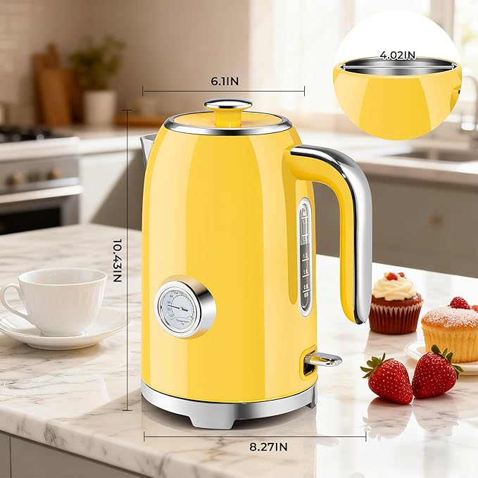 SUSTEAS Electric Kettle - 57oz Hot Tea Kettle Water Boiler with Thermometer, 1500W Fast Heating Stainless Steel Tea Pot, Cordless with LED Indicator, Auto Shut-Off & Boil Dry Protection, Retro Yellow
