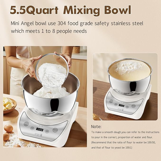 Mini Angel Electric Dough Maker with Ferment Function, 5.5QT Dough Mixer Machine with 304 Stainless Steel Bowl, Face-up Touch Panel, Household Flour Kneading Machine for Pizza Bread, White