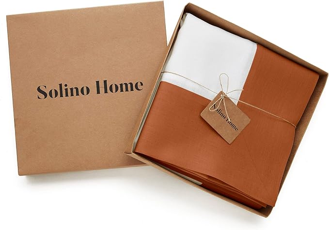 Solino Home Linen Tablecloth for Rectangle Tables 60 x 108 Inch - 100% Pure Linen Cinnamon and White Table Cloth - Contempo, Machine Washable Cloth Tablecloth
