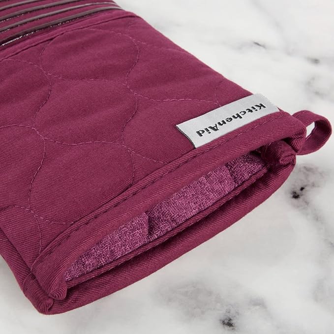 KitchenAid Quilted Cotton Terry Cloth Oven Mitt, Pot Holder, Kitchen Towel 4-Pack Set, Heat Resistant, Silicone Grip, Gift Set, Beet, 16"x26", 7"x13" & 7"x10"