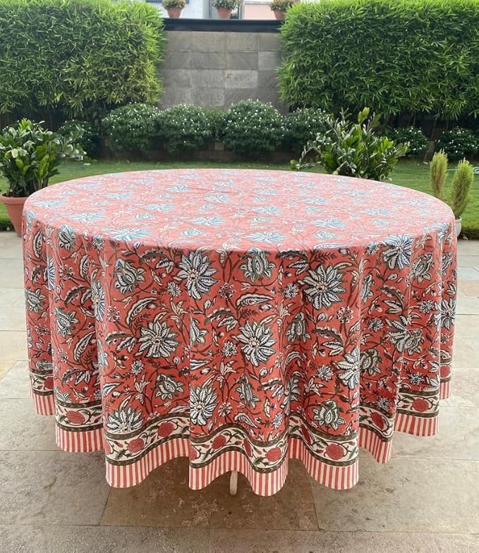 Ridhi Block Print Round Peach and Berry Blue Reusable Tablecloth 100% Cotton 132" Inch Decorative Table Cover eveyday Dining, Home, Party, Wedding, Farmhouse Gift for Spring, Easter, Valentine