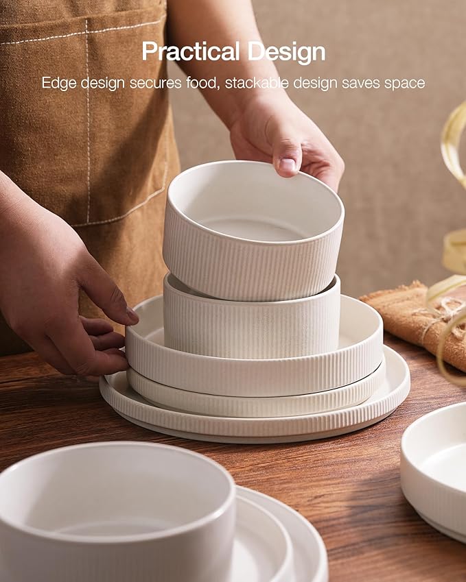 Famiware Star Dinnerware Set with Pasta Bowls, Service for 4 (16pcs), Ribbed Stoneware Plates and Double Bowls Dishes Sets - Chip & Scratch Resistant, Microwave & Dishwasher Safe, Matte White
