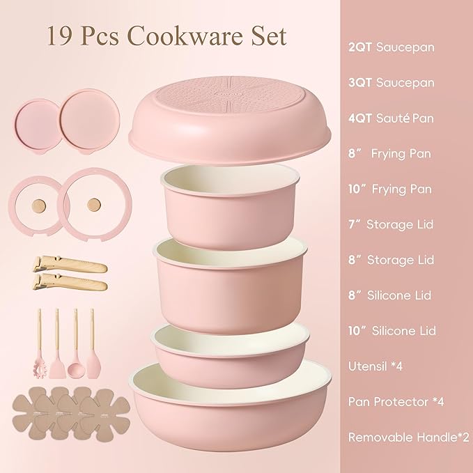 CAROTE Pots and Pans Set, Nonstick Cookware Set Detachable Handle, 19pcs Induction Kitchen Cookware Sets Non Stick with Removable Handle, RV Cookware Set, Oven Safe, Pink