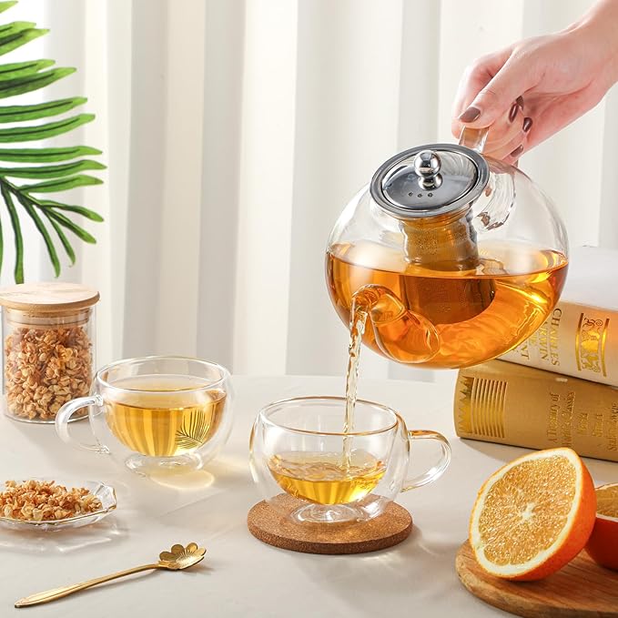 50OZ/1500ML Glass Teapot with Stainless Steel Removable Infuser & Lid, Stovetop & Microwave Safe Clear Borosilicate Glass Tea Maker Water Kettle for Loose Leaf Blooming Tea