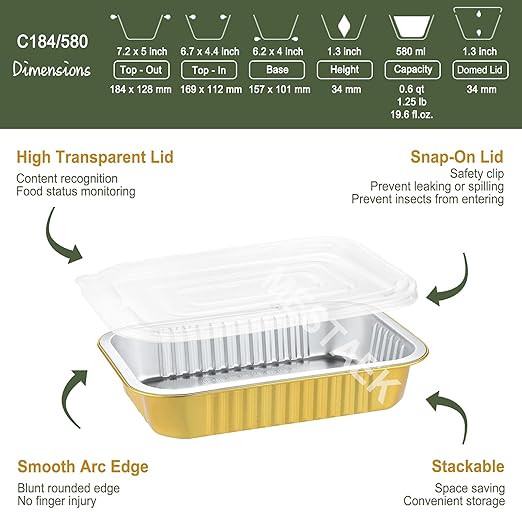 6" x 4" Shallow Heavy-Duty Aluminum Foil Pans with Snap-On Lids, 20oz, 5 Pack – Extra-Thick Disposable Foil Containers for Oven, Baking, Freezer & Food Storage