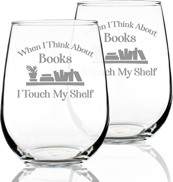 Bevvee When I Think About Books I Touch My Shelf - Stemless Wine Glasses - Set of 2 - Funny Gifts for Book Club Lovers and Readers - Large 17 Ounce