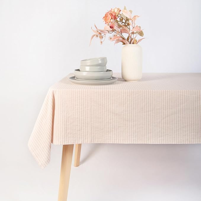 MONDAY MOOSE Striped Farmhouse Picnic Style Decoration Rectangle Natural Stonewashed Cotton Tablecloth for Kitchen, Dining Room, Restaurant (55x70 inch, Beige/White Stripes)