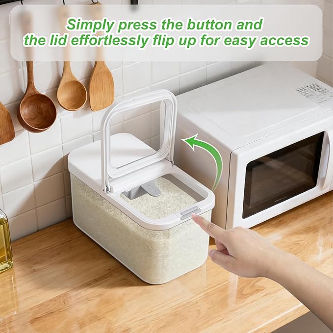 Rice Flour Storage Container - 6.5 Qt | 12 Lbs Crystal-Clear Plastic Food Storage Container Bin with Flip-up Lid, Dry Food Holder for Kitchen Pantry Organization and Storage