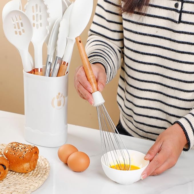 Silicone Cooking Utensils Set, Kitchen Utensils Set 13 Pcs for cooking, BPA Free Spatula Set with Heat Resistant Wood Handles for Nonstick Cookware (White)