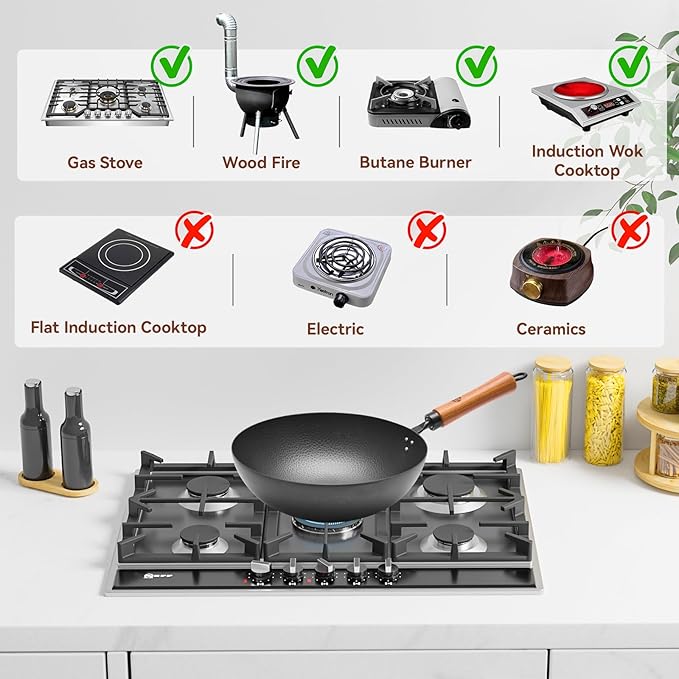 WANGYUANJI 11 Inch Round Bottom Iron Wok, Hand-Hammered Uncoated Wok with Wooden Handle, Traditional Stir-Fry Pan for Gas Stove or Wok Ring, Not for Flat Cooktops