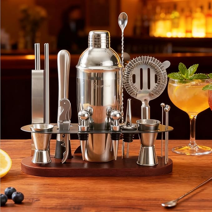 23-Piece Bartender Kit, Cocktail Shaker Set with Stand | Bar Drink Mixer Set with All Essential Bar Tools: Martini Shaker, Jigger, Strainer, Pourers, for Home, Bar, Party (chocolate-y)