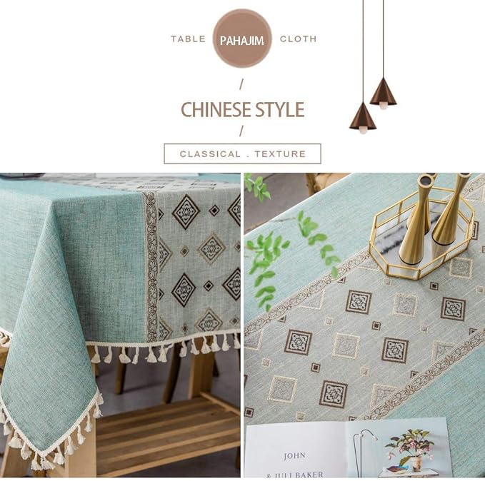Pahajim Linen Tablecloth Rustic Rectangle Table Cloth Cotton Striped Tassels Tablecloths for Kitchen Dining Table Cover Rectangle/Oblong,55''x102'', 8-10 Seats