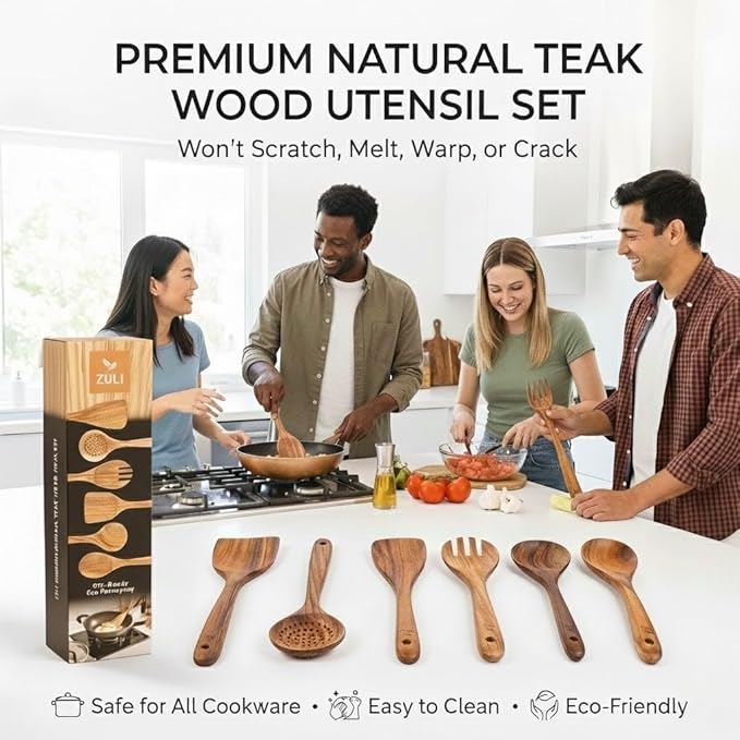 6-Piece Teak Wooden Cooking Utensil Set – Spoons and Spatulas for Nonstick Cookware, Non-Scratch Heat-Resistant Eco-Friendly Kitchen Tools