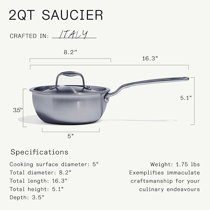 Made In Cookware - 2 Quart Stainless Steel Saucier Pan - 5 Ply Stainless Clad - Professional Cookware - Crafted in Italy - Induction Compatible