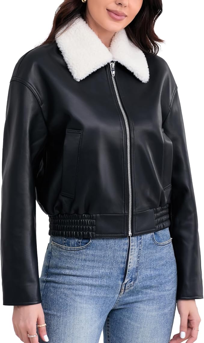 SILVER FASHIONS Leather Jacket Women,Cropped Lambskin Bomber Jacket,Removable Sherpa Collar, Zip Front, Elasticized Hem