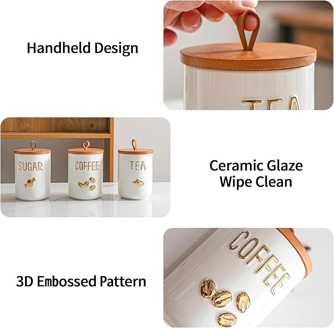 White Ceramic Canister Set for Coffee Tea Sugar, 3-Piece Food Storage Jars with Wood Airtight Lids, Decorative Small Container for Kitchen Pantry Counter - 25oz
