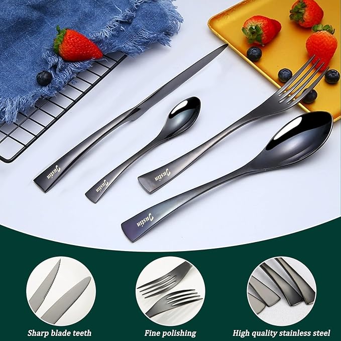 Personalized Cutlery Set (4 Pieces), 18/10 Flatware Set, 6 Colors and Multiple Fonts Available for Customized, Personalized Tableware Sets With Name, Dishwasher Safe Silverware Set
