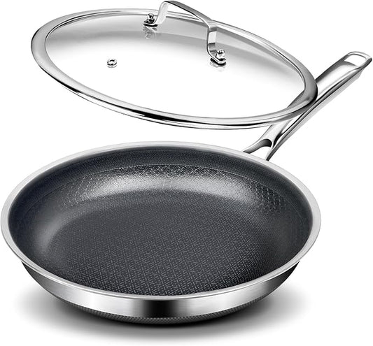 Non Stick 10-Inch Pan, Titanium Hybrid Pan with Lid, Stay-Cool Handle, Professional Frying Pan, Dishwasher Friendly, Oven Safe, Compatible with All Cooktop