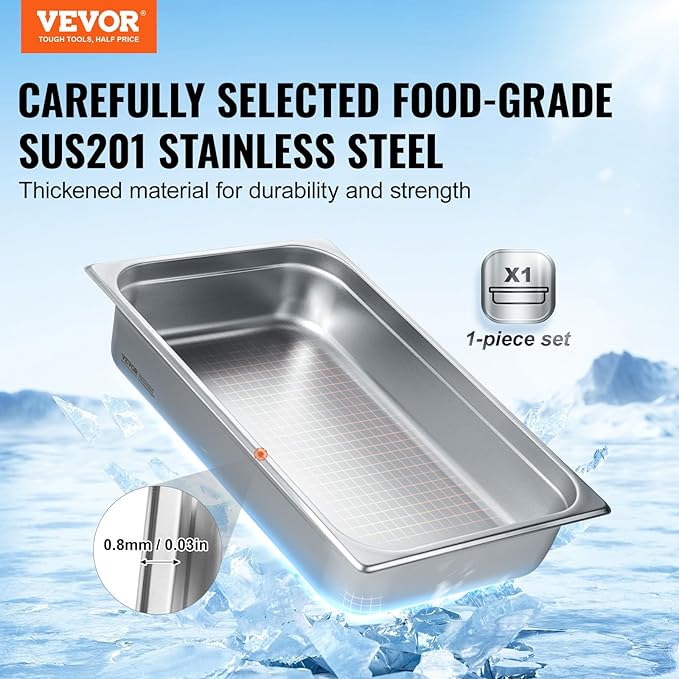 VEVOR Hotel Pan, Full Size Anti-Jam Steam Pans, 0.8mm Thick Stainless Steel 4-Inch Deep Commercial Table Pan, Catering Storage Food Pans, for Industrial & Scientific