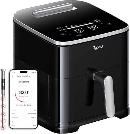 Typhur Sync 8QT AI Smart Air Fryer with Built-in Wireless Meat Thermometer, 9-in-1 XL Non Toxic Ceramic Airfryer, 450°F Max, Cooks 6lb Whole Chicken, Quiet & Dishwasher Safe, 120V