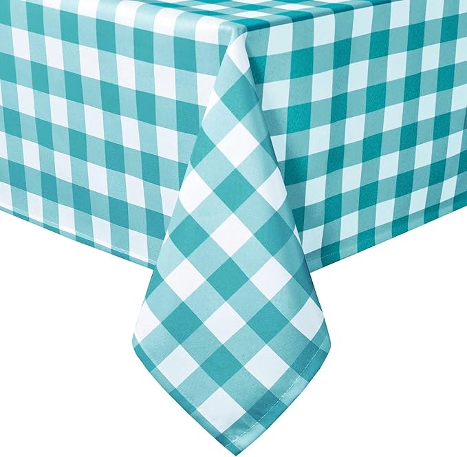 Hiasan 60 x 120 Inch Checkered Tablecloth Rectangle - Waterproof, Wrinkle Resistant and Washable Gingham Table Cloth for Outdoor Picnic, Kitchen and Holiday Dinner, Turquoise and White