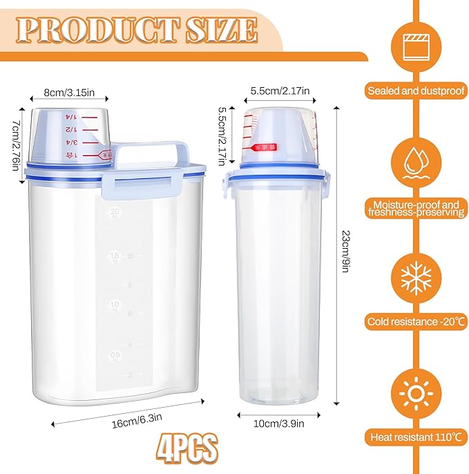 SHENLIU 4 Pcs 5.5 Lbs Rice Container Cereal Storage Container, Kitchen Pantry Dry Food Storage Holder Rice Dispenser with Easy-Pouring Spout & Handy Cup, Pet Dog Cat Food Dispenser for Daily Feeding