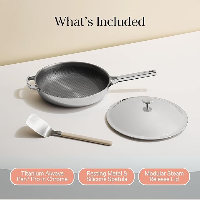Our Place Titanium Always Pan Pro | 10.6" PFAS-Free Nonstick Frying Pan with Spatula | Chef-Grade Tri-Ply Stainless Steel & Aluminum Build | Induction & Oven-Safe up to 1000°F | Chrome