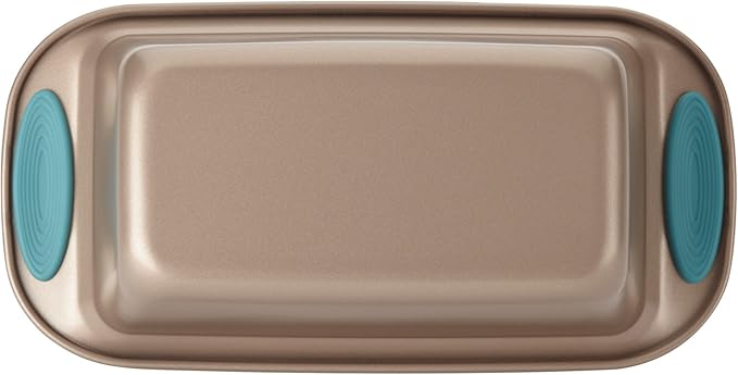 Rachael Ray Cucina Bakeware Oven Lovin' Nonstick Loaf Pan, 9-Inch by 5-Inch Steel Pan, Latte Brown with Agave Blue Handles